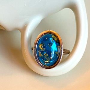 Blue amber sterling silver ring